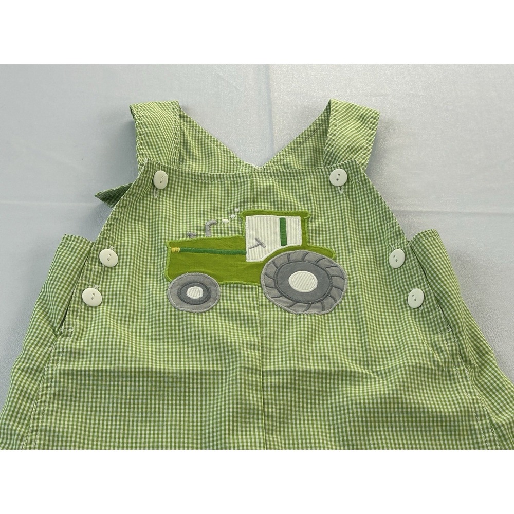 ZU Southern Baby Boys Tractor Jon Jon Romper 18M Green Gingham Farm Applique